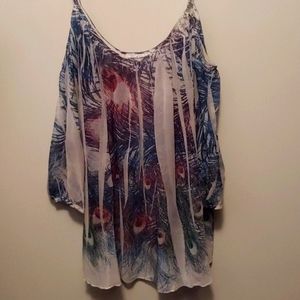 Moa Moa cold shoulder 3/4 sleeve peacock print 1x
